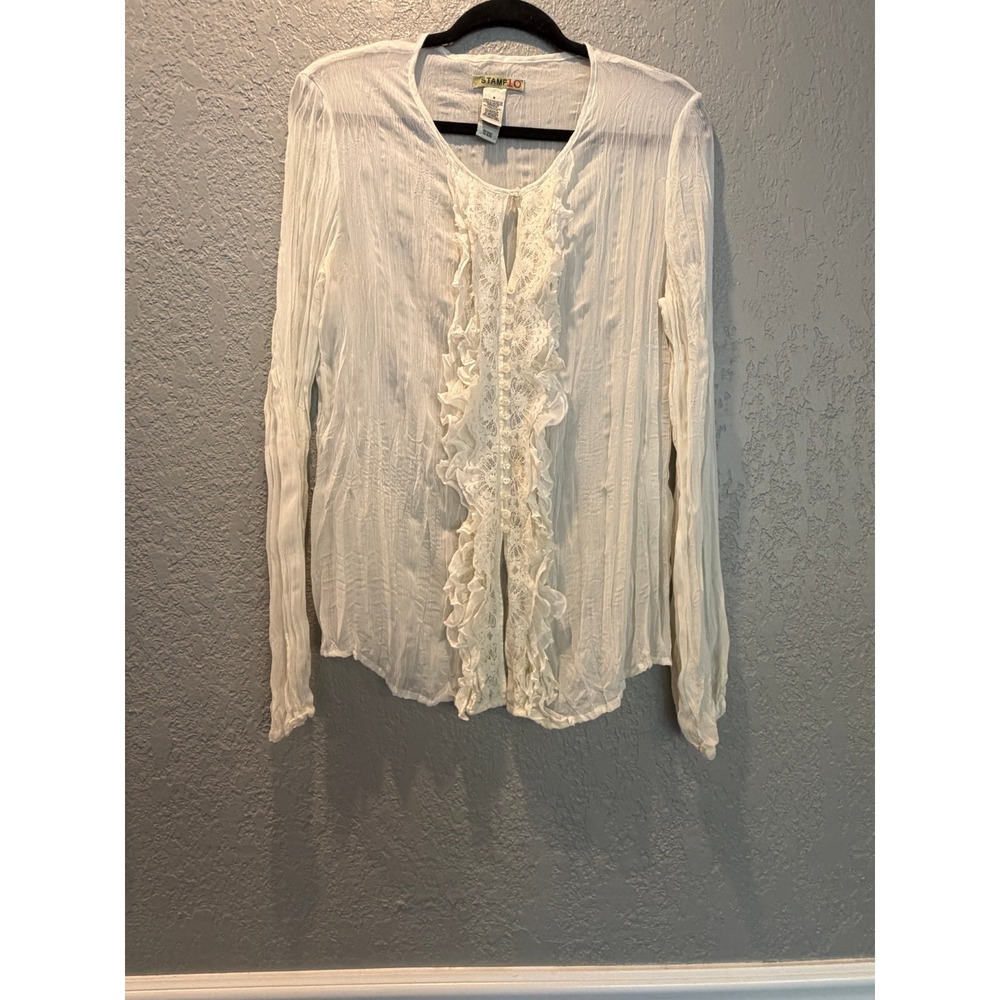 Stamp10 Ruffle Lace Blouse Womens Size 8 Long‎ Sleeve Button Up Cream Top